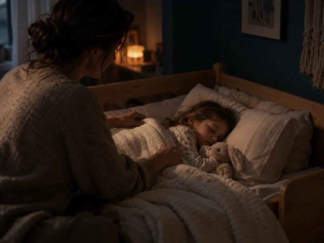 A parent tucking their child into bed in a softly lit room