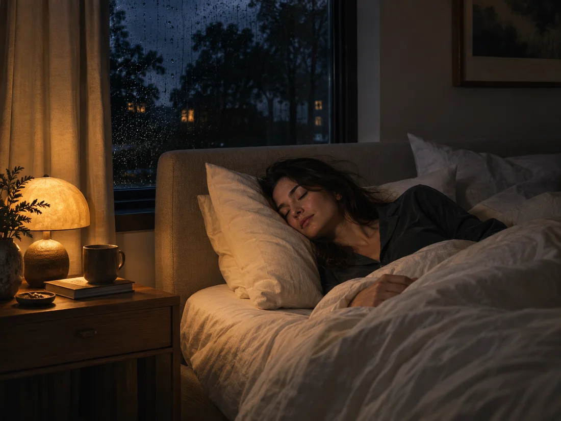 A woman settling into soft linen bedding beside a warm nightlight